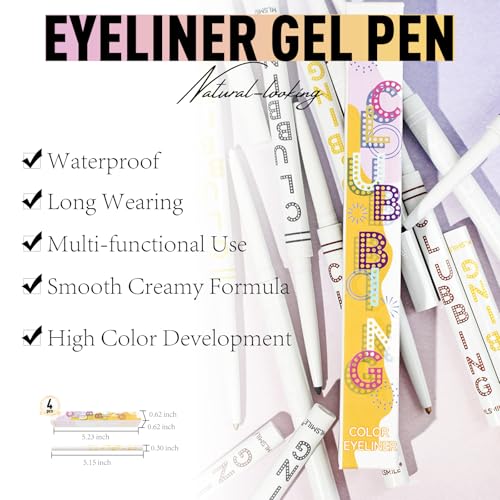 4 Colors Gel Eyeliner Pencil, Waterproof Brown Eyeliner Matte Shimmer Smooth Waterline Eyeliner Pen Gel Cream Texture Highly Pigmented Long Lasting Buildable Eyeliner, Black, Brown, White, Gold