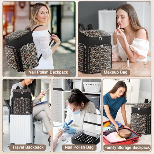 Floral Pattern Nail Polish Storage Backpack, Large Capacity Organizer Case with Multiple Compartments, Black