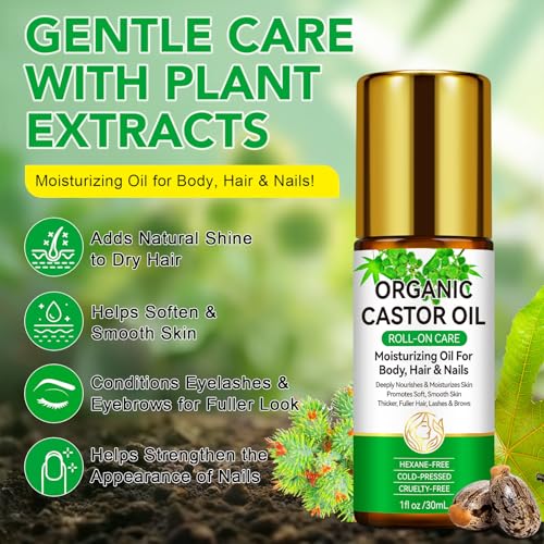 Acorn + Oak Organic Castor Oil 1 fl.oz,100% Pure Cold Pressed for Hair Growth, Eyebrows & Eyelashes ? Natural Moisturizer for Skin & Nails ? Roll-On Glass Bottle, Multi-Purpose Care