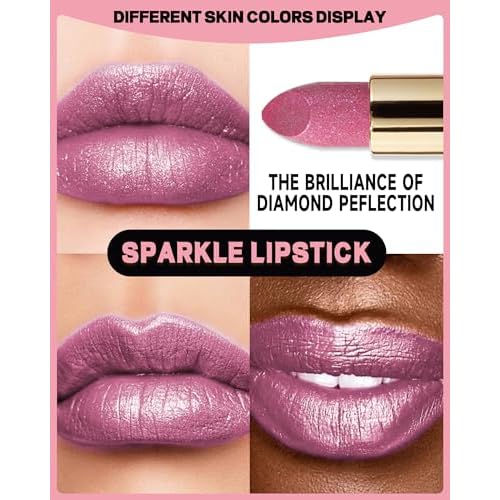 Metallic Nude Pink Glitter Lipstick Long Lasting,Glitter Lipstick Diamond Shimmer Lip Gloss for Women,Transfer Proof Non-Stick Lipgloss Highly Pigmented Full Coverage Red Lip Color Makeup Gift-02