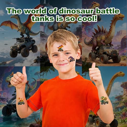 117 PCS Monster Truck Dinosaur Temporary Tattoos for Kids, 3D Cartoon Themed Pre-Cut Fake Tattoo Stickers, Birthday Party Favor Supplies and Decorations, Rewards Prizes for Boys and Girls