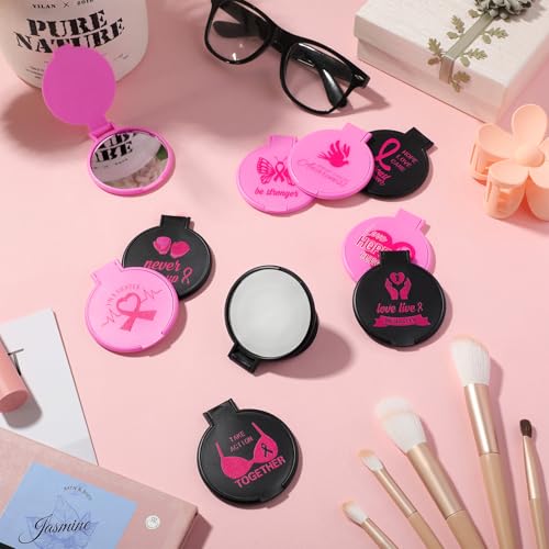 Yexiya 100 Pcs Breast Cancer Awareness Gift Bulk Breast Cancer Round Mini Folding Makeup Mirror with Pink Ribbon Pocket Travel Mirror for Women Friends(Pink, White and Black,Inspirational)