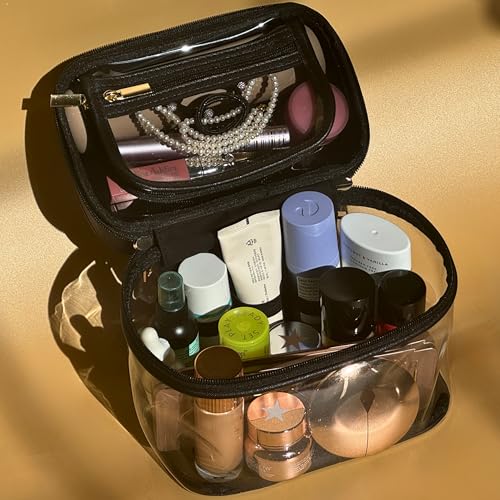JAZD Clear Makeup Bag Toiletry Bag for Women Cosmetic Large Capacity Travel Make Up Bag Organizer Transparent Train Case TSA Approved (BLACK)