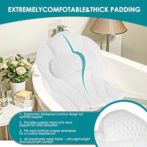 SQLHM Bath Pillows for Tub, Luxury Bath Pillow for Neck and Back Support - with Comfortable Breathable Cotton 6 Non-Slip Suction Cup Bathtub Accessories - Spa Bath Mat Gifts for Women