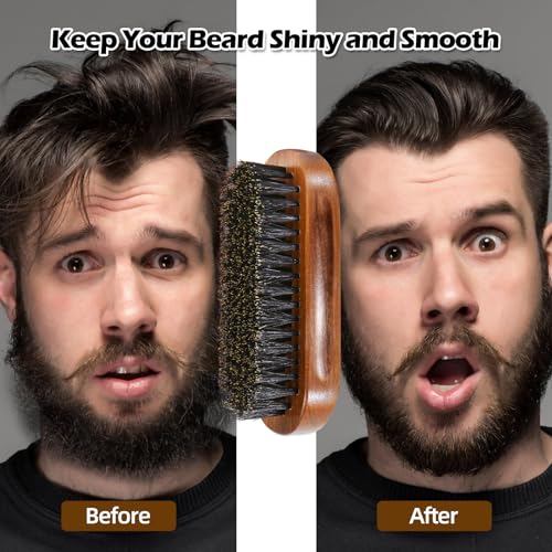 Beard Brush for Men, Boar Bristle Black Walnut Wood Beards and Mustaches Grooming Set Including Pure Boar Bristle Beard Brush, Beard Comb, Mustache Scissors, and Travel Bag