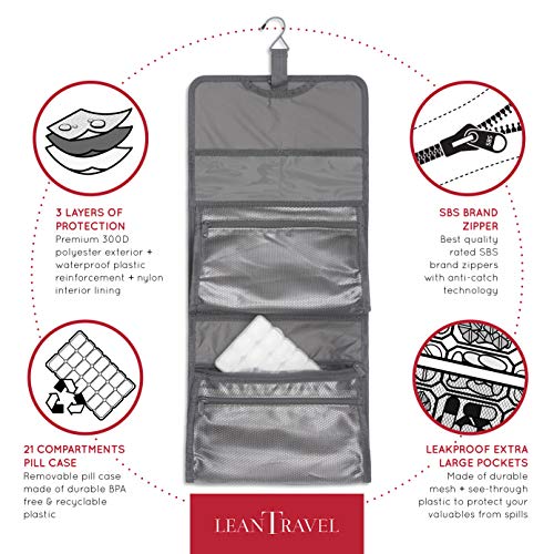 LeanTravel Hanging Toiletry Bag for Travel w/ 5 Pockets & 7 Day Plastic Pill Case Organizer