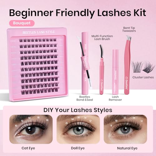 Beetles Lash Kit Volume Wispy Lash Clusters Eyelash Extension Kit 100 Pcs CC Curl 9-16mm False Eyelashes Extension Set with 2-in-1 Bond and Seal Remover Brush Tweezers Bouquet KVB083