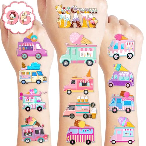 100 PCS Ice Cream Birthday Party Decorations Favors Supplies Temporary Tattoos Decor Ice Cream Truck Sweets Dessert Bar Stickers For Girls Boys Classroom School Prizes Reward