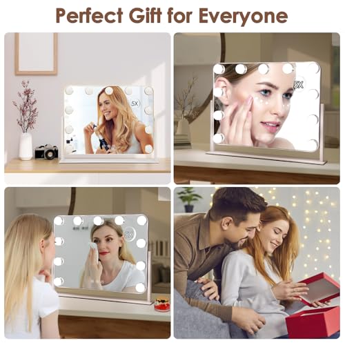 360¡Æ Vanity Mirror with Lights 11 Led Bulbs Hollywood Lighted Makeup Mirror with 5X Magnification Mirror Hollywood Cosmetic Mirror Tabletop Makeup Mirror with 3 Lighting Modes 16x13 Inch