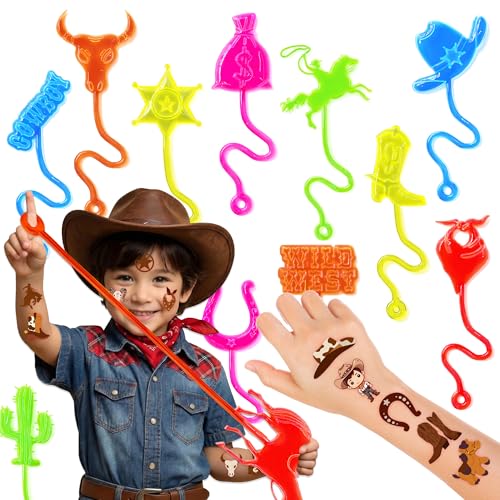 48PCS Cowboy Party Favors - 24PCS Cowboy Temporary Tattoos & 24PCS Cowboy Stick Hands - Perfect Birthday Favors, Goodie Bag Stuffers, Treasure Box Toys, Classroom Prizes, and Student Gifts