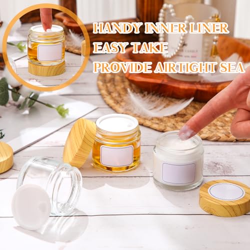 Layhit 12 Pcs 2oz/ 60ml Glass Jars with Lids Clear Small Jars with Plastic Woodgrain Lids, White Labels and Inner Liners Empty Round Cosmetic Containers for Creams Lotions Candle Making (Clear)