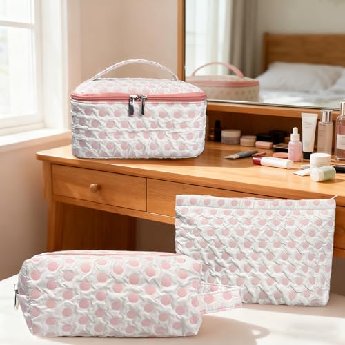 3-Pack Large Capacity Cosmetic Bag Set, Water-Resistant Makeup Organizer with Leak-Proof Design, Travel Toiletry Bag with Polka Dot Pattern for Women, Home & Travel