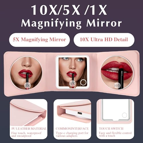 Amysmart Tri-Fold Makeup Mirror with Lights - 10X/5X Magnifying Mirror with Light, Dimmable Handheld Mirror, Compact Mirror, Rechargeable Travel Mirror for Purse & Pocket Use (Pink Tri-Fold)