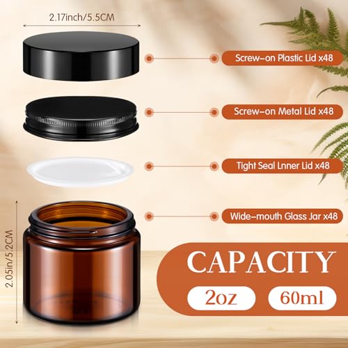 Domensi 48 Pcs 2 oz Amber Glass Jars with Sturdy Lids in 2 Materials Leakproof Empty Cosmetic Jars with Inner Liners Lid for Handmade Face Cream Lotions Powder Oils Spices Ointments Candle Paint