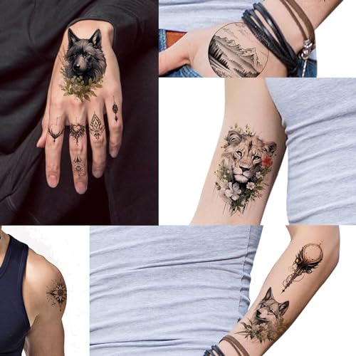 GLARYYEARS Temporary Tattoo for Men, 44-Pack Large+Small size Realistic Tattoos, Long-lasting Fake Tattoo Stickers, Cool Black Body Half Arm Tattoos, Bear Lion Wolf Tiger Rhino Deer Evil Eyes Design