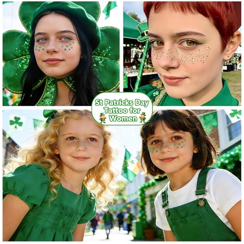 12 Sheets St Patricks Day Face Tattoos Stickers Glitter Green Shamrock Freckles Temporary Tattoo for Body Saint Patrick Day Clover Face Sparkle Makeup Accessories for Women Irish Party(face12)