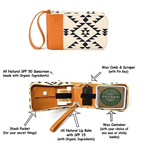 Surfer Gift & Surf Accessory with Stylish Zip Canvas Pouch, Surf Wax Holder, Elastic Loops for Sunscreen, Lip Balm & Wax Scraper - Items shown Included in Surf Kit (White Triangle, Matunas)