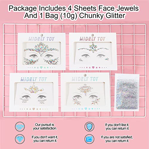 4 Sheets Euphoria Face Gems, 10g Chunky Glitter, Rhinestones Jewels Stickers Glow in The Dark-Luminous Gems Body Makeup for Music Festivals Rave Carnival Cosplay (2Luminous)