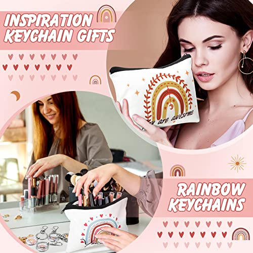 Pinkunn Valentines Rainbow Canvas Cosmetic Bag Bulk Gift for Women with Inspirational Quote Keychains Set 16 Pcs Cosmetic Bags 16 Pcs Keychains You are Amazing Beautiful Kind Travel Pouch Zipper