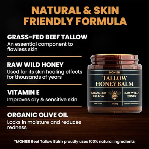 MONIER Tallow and Honey Balm for Face, Beef Tallow for Skin, Moisturizer with 100% Organic Grass-Fed Beef Tallow & Raw Wild Honey - Natural Formula for Dry & Sensitive Skin (Unscented)