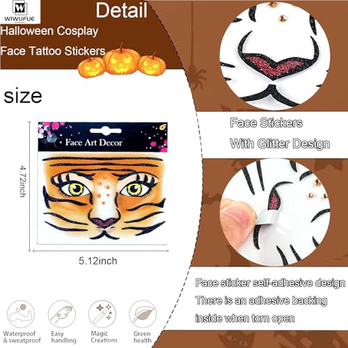 Leopard Tiger Glitter Face Tattoo Stickers for Kids - Temporary Body Art Makeup for Halloween, Cosplay, Birthday Party, Festival - Waterproof Fake Tattoo Stickers - 2Pcs (Wild Animal Design)
