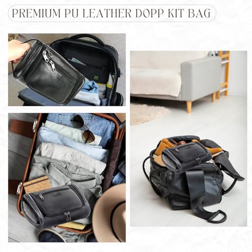 Mens Toiletry Bag, Upgraded Compact Dopp Kit for Men Travel, PU Leather Shaving Kit, Water-Resistant Minimalist Organizer with Wrist Strap, Fits Full-Size Essentials,Black