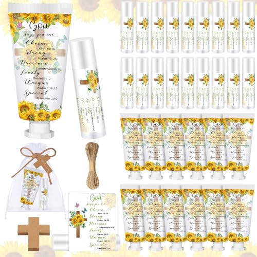 144 Pcs Christian Lip Balm Hand Cream Set Mothers Day Biblical Party Favors Include 36 Bible Lip Balms and Sunflower Moisturizing Hand Creams 36 Bags Cards and Ropes for Women Church Care