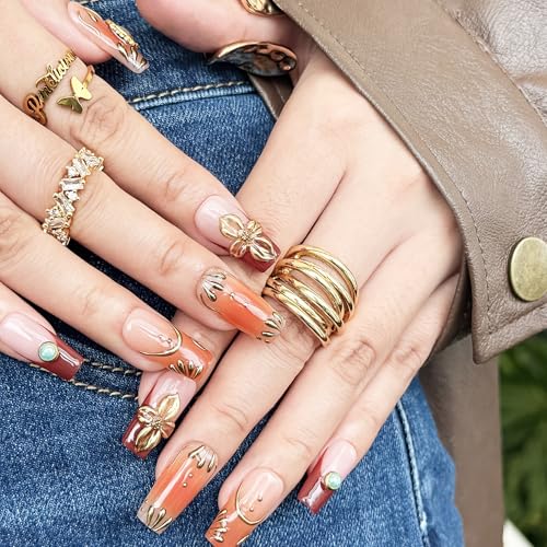 10PCS Autumn Majesty Acrylic UV Gel Press on Nails - 25mm Warm Brown Amber Burgundy Nails with Vintage Gold Details & Gemstone Charms, Luxury Reusable Fake Nails for Women (Multicolor, M)