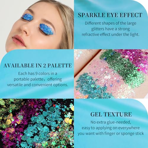 FANDAMEI 18-Color Face Glitter, Body Glitter Hair Glitter for Glitter Makeup, 2 PCS Glitter Gel 6 Color Themes, Chunky Glitter for Kids Women, Halloween Rave Concert Face Paint