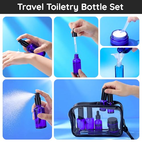Segbeauty 8pcs Blue Travel Essentials Toilet Bottles Skincare Containers Set with Bag, Refillable Travel Size Containers Pump Bottle Cream Jar, Empty Glass Perfume Spray Bottles, Oils Dropper Bottle