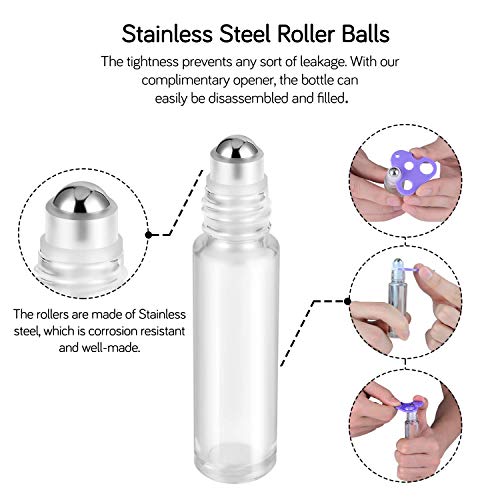 PrettyCare Set of 60, 10 ml Essential Oil Roller Bottles with Stainless Steel Roller Ball - Bulk Refillable Leak-proof Empty Clear Glass Roll on Bottles with Silver Metal Caps for Travel, Perfume