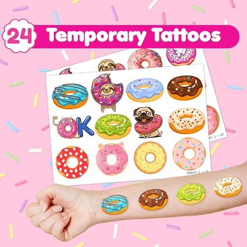 48PCS Donut Party Set - 24PCS Temporary Tattoos & 24PCS Slap Bracelets - Sweet Treat-Themed Birthday Supplies, Baby Shower Gifts, Classroom Rewards & Party Decor for Kids (Boys & Girls)