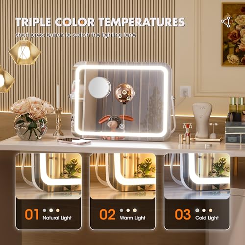 Hasipu LED Makeup Mirror with Bluetooth Speaker, 14" x 10" Wide-Screen Vanity Mirror with Lights, 3 Modes Light, Smart Touch Control Dimmable, Rectangle White Frame