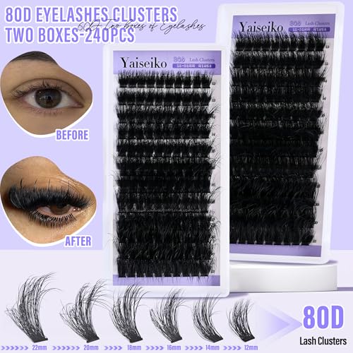 Lash Clusters Kit Gift Packs Fluffy 60D 80D Individual Lashes D Curl Cluster Eyelash Extensions DIY Lash Extension Kit 480Pcs with Lash Bond and Seal Waterproof, Lash Applicator, False Eyelashes Kit