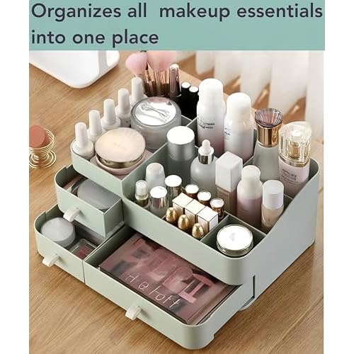 Makeup Organizer for Vanity, Large Countertop Organizer with Drawers, Cosmetics Storage for Skin Care, Brushes, Eyeshadow, Lotions, Lipstick,Nail Polish.Great for Dresser, Bathroom, Bedroom-Green