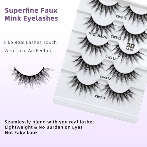 Miz Barn Lashes 3D Cashmere Long Extension Eyelashes Natural Look Soft Reusable False Eyelashes Multipack Wispy Fake Eyelashes 5 Pairs Natural Strip Lashes (CW312)