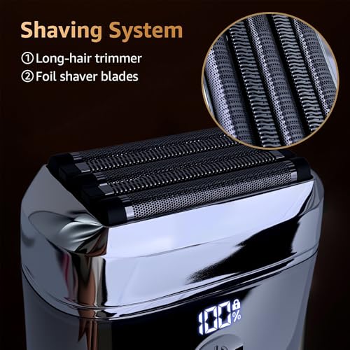 Electric Foil Shavers for Men - 5 Floating Blades Mini Electric Razor for Beard, Big LED Display, 2 Gears Adjustable Face Razor IPX7 Waterproof for Travel & Home, USB-C Wet Dry Cordless Mens Shaver