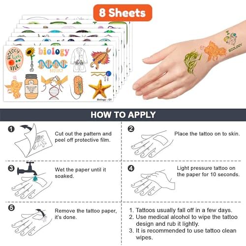 (96 PCS) Funny Biology Science Student Major Temporary Tattoos Birthday Themed Party Supplies Decorations Favors Cute Stickers Tattoo Gifts for Kids Girls Boys Teachers Decor School Reward Christmas