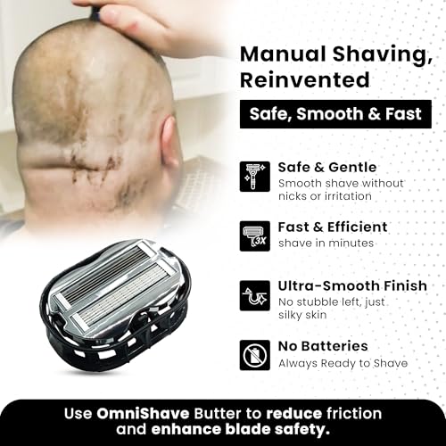 Premium Omnishaver with White Travel Case - The Fastest Way to Shave Head, Legs, Arms, Body | an Alternative to Disposable Shaving Razors Self Cleans & Strops During Use | Bald Head Shaver for Men