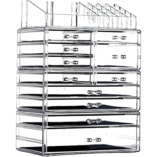 Cq acrylic 4 Pack Clear Skincare Organizer for Vanity,Stackable 11 Drawers Make Up Organizer,Cute Cosmetic Organizer for Vanity Jewelry,Hair Clip,Beauty,Skincare Product Dresser Acrylic Desk Organizer