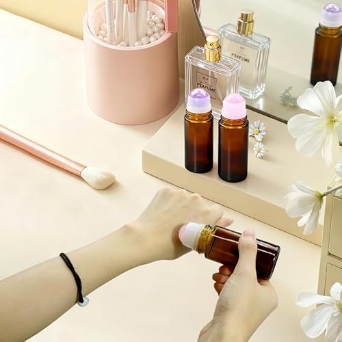 2Pack Green Aventurine Roller Bottles for Essential Oils, 50ml Refillable Amber Glass Roll On Bottles with Natural Crystal Roller Balls, Leak-Proof Travel Perfume Bottle with Gold Caps