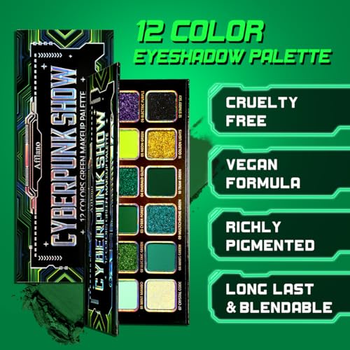 Green Eyeshadow Makeup Palette, 12 Colors Wicked Green Glitter Holographic Eyeshadow with Matte Shimmer for Brown Eyes, Pigmented Silky Long Lasting Purple Gold Eye Shadow for Carnival, Party, Vegan