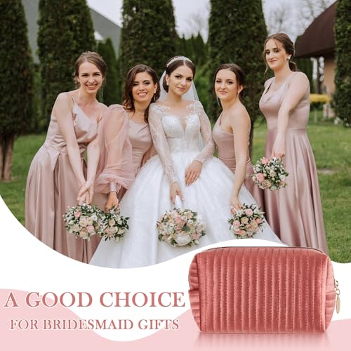 6 Pieces Plush Velvet Cosmetic Bags with Gold Zipper Terry Quilted Makeup Bag Coquette Toiletry Organizer Bridesmaid Proposal Gifts for Wedding Bachelorette Party(Pink)