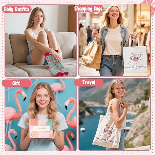 Y1tvei Flamingo Canvas Bag Gifts - 11Pcs Just A Girl Who Love Flamingos Canvas Tote Bag Makeup Pouch, Thermos Cup Stockings Pink Bracelet Card Adorable Earrings Keychain, Flamingo Lover Gift for Girls