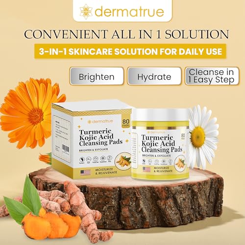 Turmeric Kojic Acid Cleansing Pads For Face Exfoliating And Dark Spots, 80pcs, Brightening, Balance and Moisturize Skin, with Vitamin B, Retinol, Prickly Pear, Olive Oil, Gentle For All Skin Types