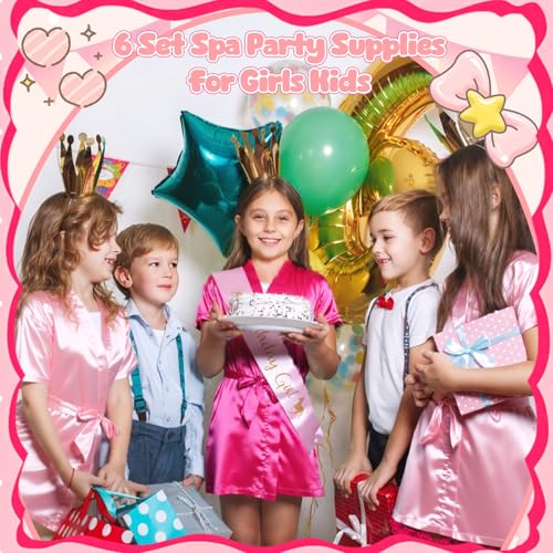6 Set Girls Spa Party Supplies Kit 83 PCS Includes Satin Robes Headbands Slippers Nail Kit Masks Towel Brush Set for Birthday Sleepover Pink, Hot Pink Birthday Theme