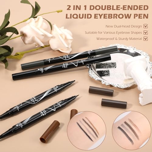 Microblading Eyebrow Pen, 2-In-1 Dual-Ended Waterproof Eyebrow Pencil with 4-Fork-Tip & Ultra-Precise Tip, and an Angled Eyebrow Brush, Eye Brow Pencils for Women -Dark Brown