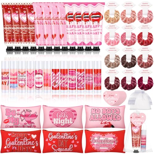 12 Sets / 72 Pcs Valentine's Galentine's Day Gifts Travel Size Hand Cream for Dry Cracked Hands and Lip Balm, Makeup Bag, Hair Scrunchies Bulk Set with Organza Bag Heart Gift Card for Women