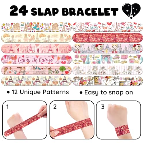96 PCS Paris Party Favors Set ? 72 Pre-Cut Temporary Tattoos & 24 Slap Bracelets, Perfect for Romantic Birthdays & French-Themed Celebrations