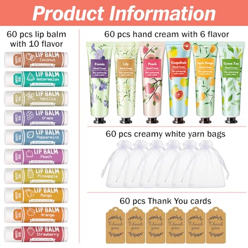 AZEN 60 Sets Bulk Gifts, Hand Cream and Lip Balm Bulk Set with Organza Bag Thank You Card, Baby Shower Wedding Gifts for Guests, Bridal Wedding Favors